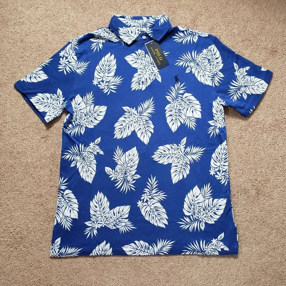 NWT Polo Ralph Lauren Tropical Spa Terry Medium Mens Blue Polo Shirt Monstera